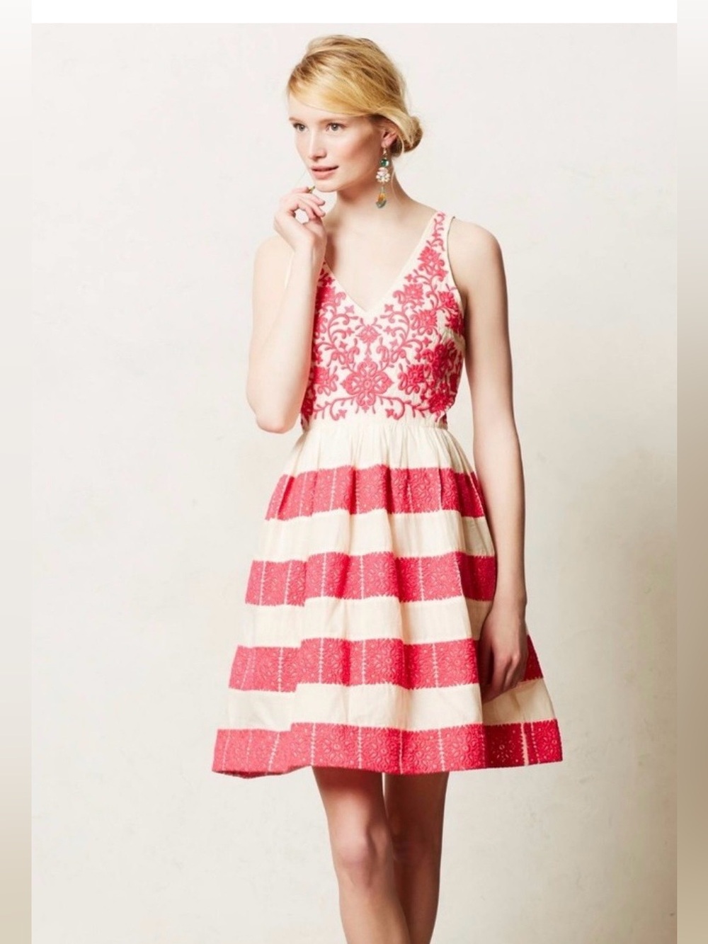 Leifsdottir for anthropology Pink and Cream Embroidered Dress